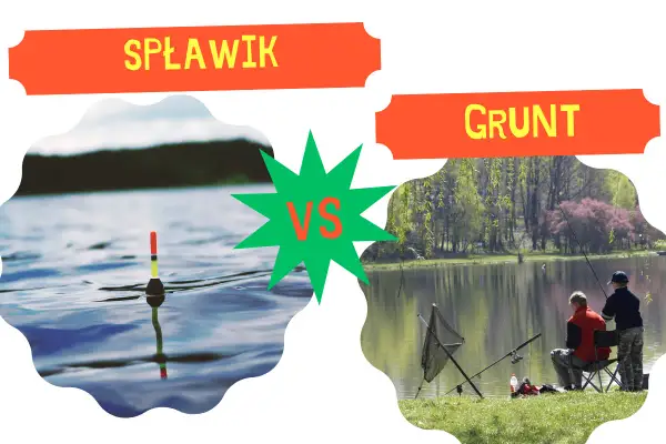Spławik na wodzie kontra dwaj wędkarze łowiący na gruncie.
