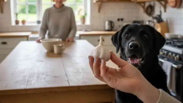 Un perro negro mira atentamente mientras le ofrecen un ajo. ¿Sabías que los perros pueden comer ajo?