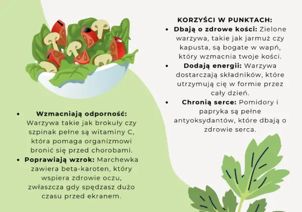 Miseczka pełna zdrowych warzyw: brokuły, pomidory, pieczarki. Lista korzyści: wzmacniają odporność, poprawiają wzrok, dbają o kości, dodają energii i chronią serce.