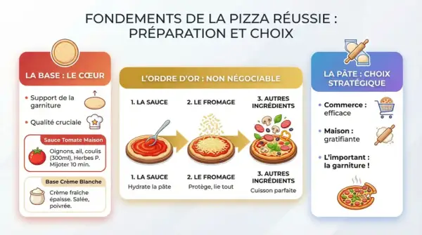 Infographie sur les étapes de préparation d'une pizza réussie, de la base à la garniture, avec une mention spéciale pour la sauce tomate maison.