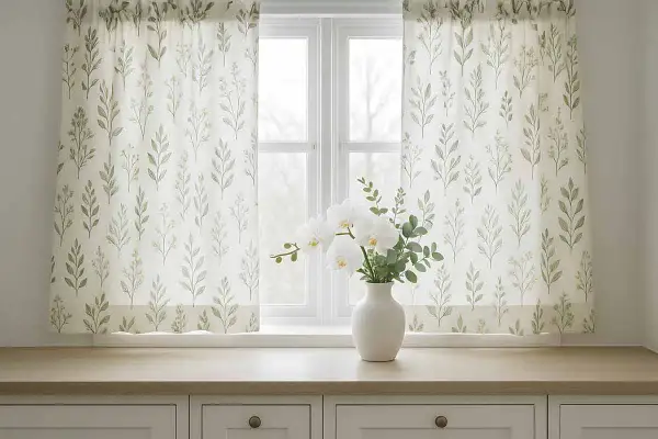 Tende fai da te con delicato motivo botanico, perfette per un tocco naturale. Un vaso di orchidee bianche completa l'arredo.