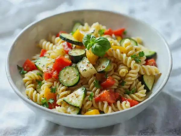 Kolorowa sałatka z makaronem fusilli, cukinią, pomidorami i papryką, udekorowana bazylią.