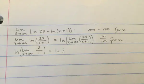 Ręcznie zapisane równania matematyczne dotyczące granic i logarytmu naturalnego.