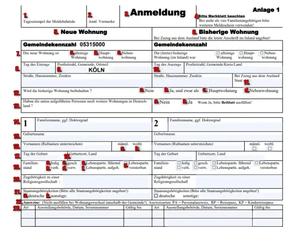 Formular Anmeldung. Sekcja "Neue Wohnung" zawiera dane dotyczące nowego miejsca zamieszkania, w tym adres w Kolonii. Meldunek jest kluczowy.