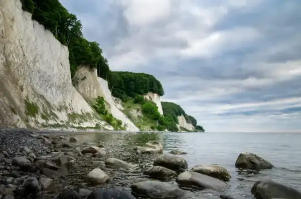 Majestatyczne, białe klify Rugii wznoszą się nad kamienistą plażą i spokojnym morzem.