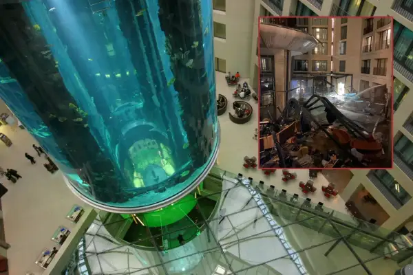 Gigantyczny akwariowy cylinder w Aquadom Oceanarium Berlin, a obok widok zniszczeń po eksplozji.