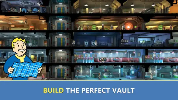 Vault Boy z mapą planuje rozbudowę podziemnego schronu w grze Fallout Shelter Online.