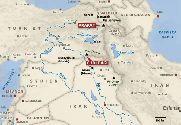 Karta över Mellanöstern med fokus på Mesopotamien. Cudi Daği markerad, där Noaks ark landade noak på.