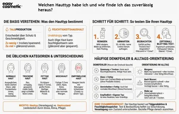 Welcher Hauttyp bin ich? Anleitung zur Selbsteinschätzung: Talgproduktion & Feuchtigkeitshaushalt prüfen. Test & Beobachtung helfen.