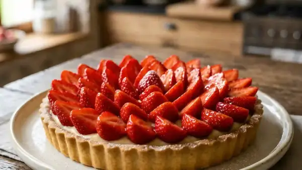 Une magnifique tarte aux fraises, garnie de fruits rouges frais et d'une crème onctueuse, prête à être dégustée.