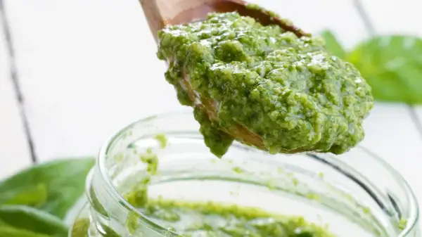 Frisch zubereitetes Basilikum-Pesto auf einem Holzlöffel, bereit für das Einmachen. Ein tolles Rezept für Basilikum-Pesto auf Vorrat.