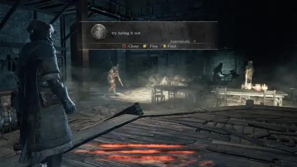 Postać w mrocznym świecie gry, podpowiedź "try luring it out" sugeruje taktykę w tej mrocznej solucji Dark Souls.