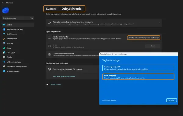 Panel sterowania Windows 11: opcje odzyskiwania. Wybierz "Usuń wszystko", aby usunąć pliki osobiste, aplikacje i ustawienia.