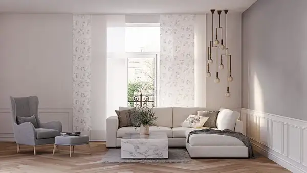 Wunderschöne Wohnzimmer Flächenvorhänge für Stil und Sichtschutz