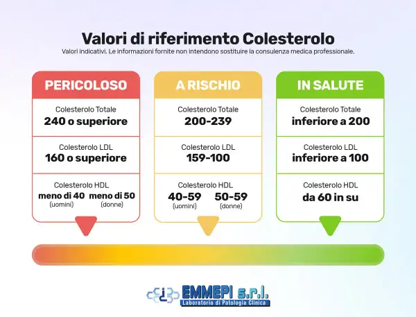 Valori di riferimento colesterolo: "Pericoloso" (240+ totale, 160+ LDL), "A Rischio" (200-239 totale, 159-100 LDL), "In Salute" (<200 totale, <100 LDL). Colesterolo 260 dopo 50 anni è pericoloso.