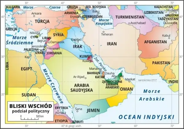 Mapa Bliskiego Wschodu pokazuje, gdzie leży Izrael, między Jordanią, Syrią, Egiptem i Morzem Śródziemnym.