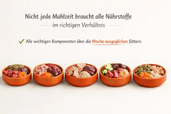 Fünf orange Schalen mit verschiedenen Zutaten für das Barfen von Welpen, darunter Fleisch, Innereien und Gemüse.