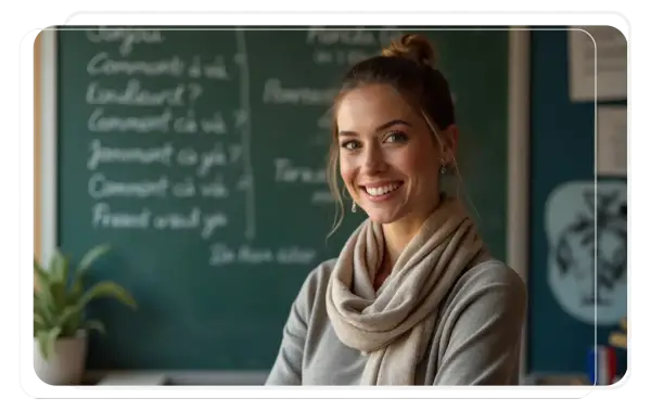 Sonrisa de una profesora de francés, lista para las oposiciones de secundaria. En la pizarra, frases en francés como "Comment ça va?".