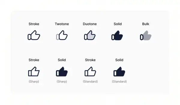A collection of thumbs-up icons showcasing various icon styles: stroke, twotone, duotone, solid, and bulk.