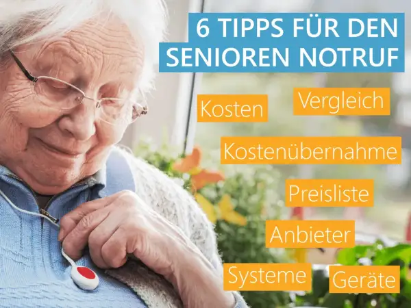 Ältere Dame mit Notrufknopf. 6 Tipps für den Senioren Notruf: Kosten, Vergleich, Kostenübernahme, Preisliste, Anbieter, Systeme, Geräte.