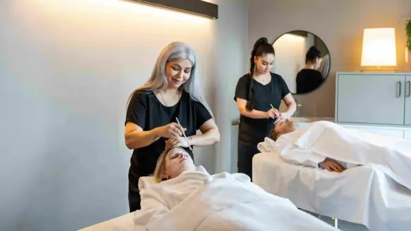 Dos terapeutas aplican tratamientos faciales a dos clientes en camillas. Una mujer con cabello plateado realiza un **olimpia masaje** facial a una cliente rubia.