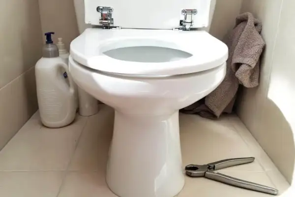 Préparation pour changer l'abattant WC : produits de nettoyage, serviette et pince à portée de main.