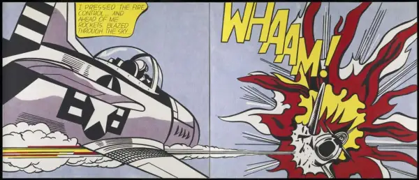 Roy Lichtenstein's "Whaam!" depicts a fighter jet firing rockets, with a dramatic explosion and the word "WHAAM!" in bold yellow letters.