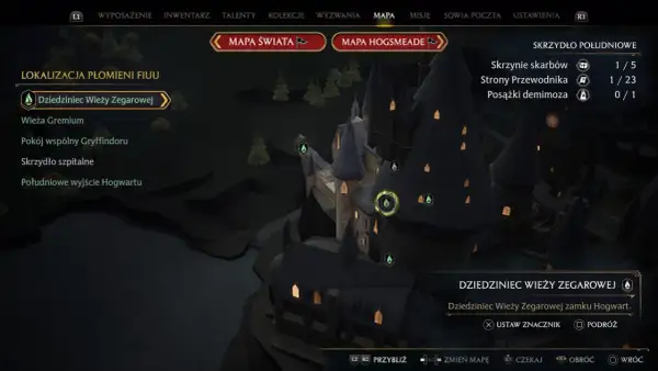 Mapa Hogwartu z zaznaczonym Dziedzińcem Wieży Zegarowej. Pomocny **hogwarts legacy poradnik** do eksploracji zamku.