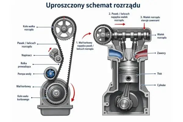 Schemat uproszczonego mechanizmu sterującego pracą silnika spalinowego: wał korbowy napędza pasek rozrządu, który z kolei obraca wałek rozrządu, sterujący zaworami.