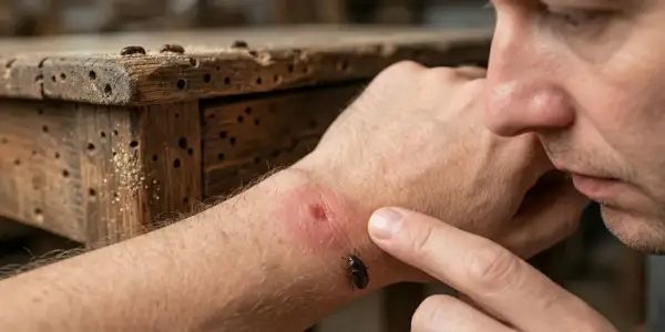 Un uomo osserva un morso di tarli del legno pericolosi sul suo braccio, mentre altri insetti si muovono su un mobile danneggiato.