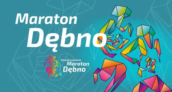 Maraton Dębno: biegacze w geometrycznych kształtach, symbolizujący energię i dynamikę.