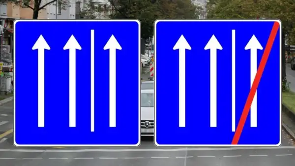 Verkehrsschilder zeigen drei Fahrspuren geradeaus. Rechts endet die rechte Spur, die man nicht mehr befahren darf.