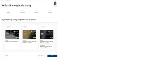 Wybór karty PKO Visa Business: Srebrna, Złota (z opcjonalnym Priority Pass) lub Premium (z Priority Pass, salonikami lotniskowymi, Concierge).