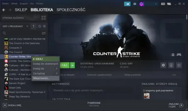 Ekran biblioteki Steam z podświetloną grą Counter-Strike: Global Offensive i menu kontekstowym.