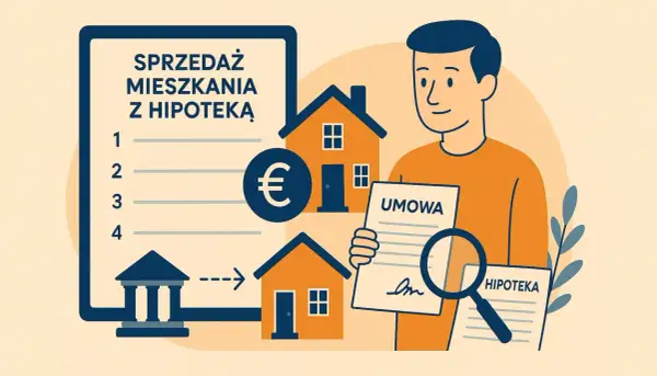 Mężczyzna analizuje umowę i dokumenty dotyczące sprzedaży mieszkania z hipoteką. Proces sprzedaży nieruchomości z hipoteką jest przedstawiony krok po kroku.