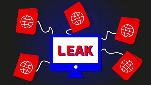 Des passeports rouges avec un globe terrestre sont connectés à un écran d'ordinateur affichant "LEAK". Que faire en cas de vol de données personnelles ?