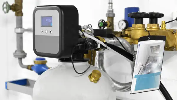 Système d'adoucisseur d'eau moderne avec écran numérique. Idéal pour une famille de 4 personnes, il assure une eau de qualité.