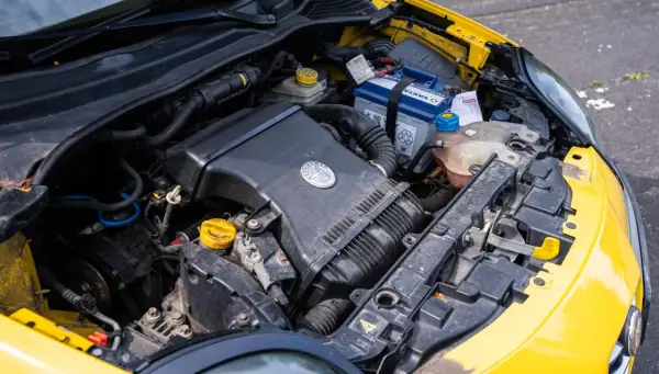 Silnik żółtego Alfa Romeo MiTo. Widoczny akumulator, obudowa filtra powietrza z logo marki i płyny eksploatacyjne.