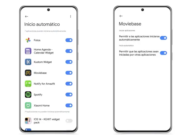 Pantallas de móvil mostrando ajustes de inicio automático de apps. En el segundo plano, se ve la lista de apps permitidas.