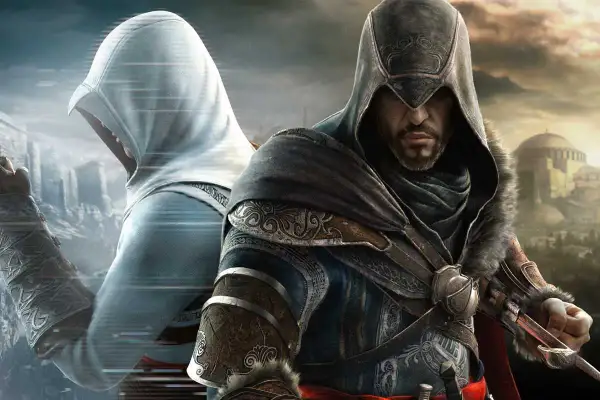 Ezio Auditore i Altair Ibn-La'Ahad, dwaj zabójcy z serii Assassin's Creed Revelations, stoją obok siebie na tle Konstantynopola.