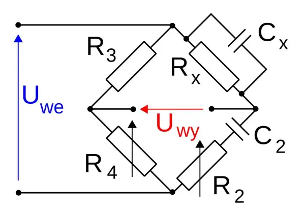 Schemat mostka Wheatstone'a z elementami R2, R3, R4, Rx i kondensatorami Cx, C2. Używany do pomiaru pojemności kondensatora.