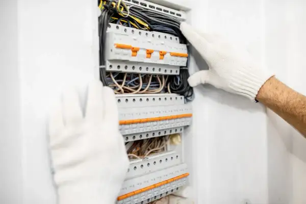 Ręce w białych rękawiczkach pracują przy rozdzielni elektrycznej z bezpiecznikami.