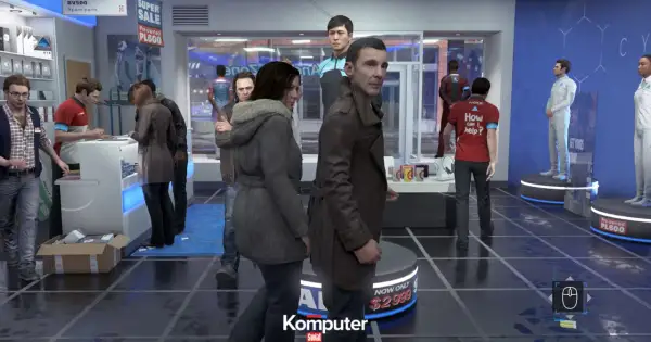 W sklepie z androidami, gdzie można sprawdzić wymagania Detroit Become Human, klienci oglądają modele i promocje.