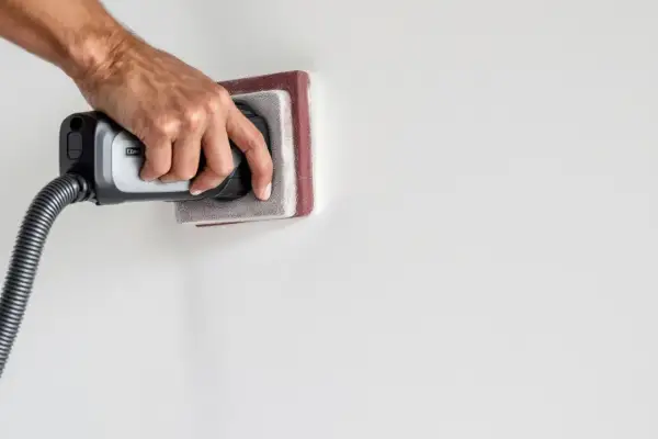Main tenant utilise un aspirateur pour nettoyer le mur après ponçage.