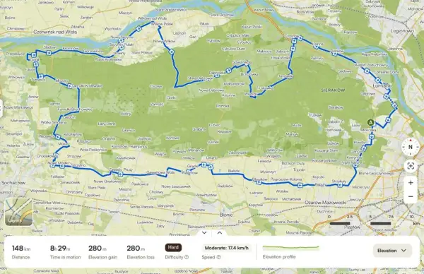 Mapa z zaznaczonymi trasami rowerowymi w okolicach Warszawy, prowadzącymi przez Puszczę Kampinoską i tereny nad Wisłą.