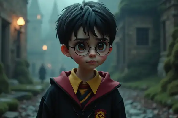 Harry Potter na flecie, w szacie Gryffindoru, stoi na mglistej ścieżce.