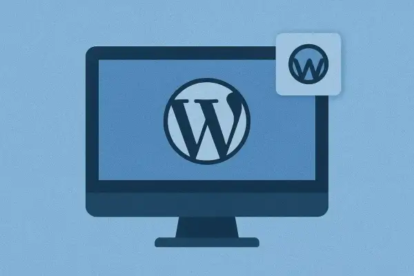 Monitor z logo WordPress i małym, kwadratowym okienkiem z ikoną wordpress favicon.