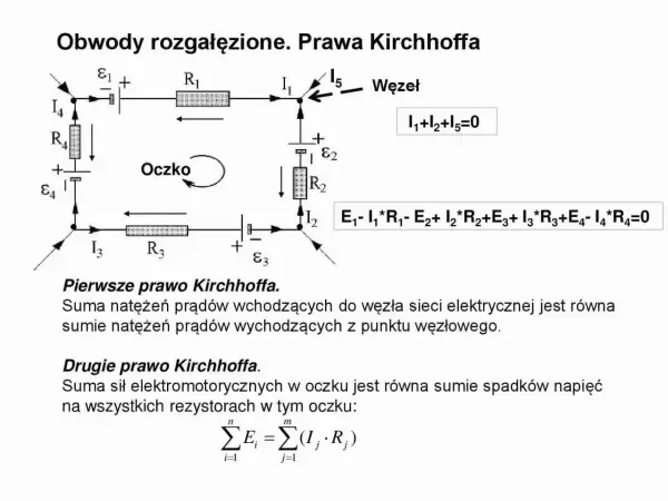 Schemat obwodu elektrycznego ilustrujący prawa Kirchhoffa. Pokazuje węzeł i oczko z rezystorami i źródłami napięcia.