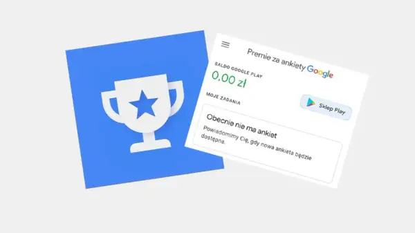 Ikona pucharu i ekran aplikacji Google Play z informacją o braku dostępnych ankiet. Zarabiaj na ankiety Google płatne!