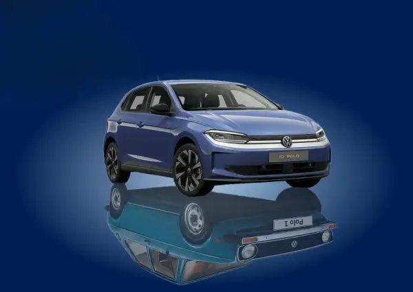 El nuevo ID. Polo azul eléctrico, con su reflejo de un modelo clásico, listo para hacer un pop and bang en la carretera.